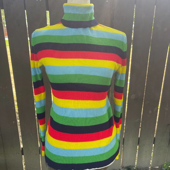 Vintage 1970s Tight Turtleneck Sweater 100% Acrylic Knit Rainbow Striped 38 - Picture 3 of 6